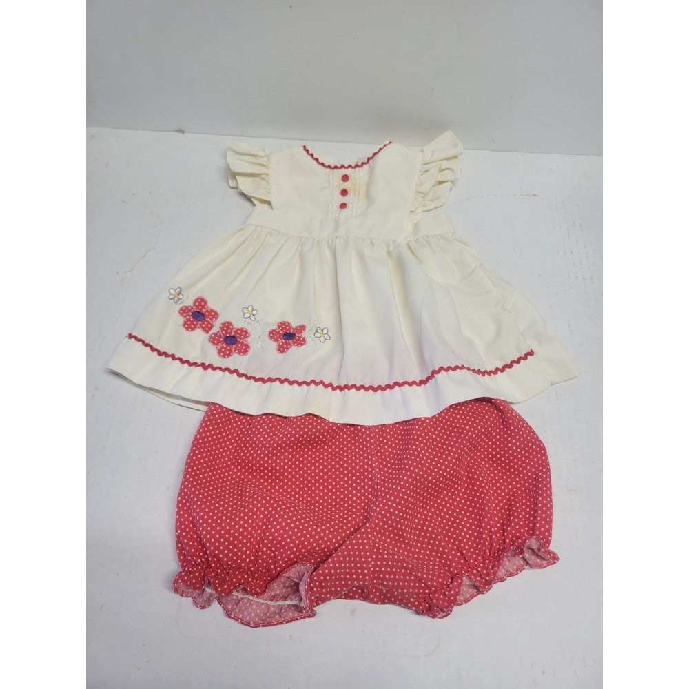 Vintage 70s‎ Baby Girls Red Polka Dot Bloomers & Floral Embroidered Dress Set